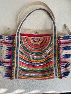America & Beyond Boho Embroidered Multicolor Tote Bag – Canvas Shoulder Bag
